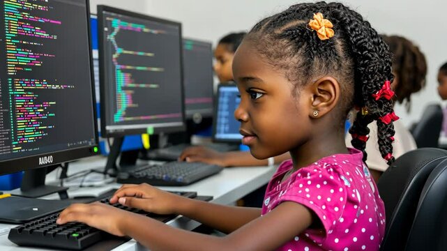 Young girl learns programming skills at a computer lab in a vibrant environment