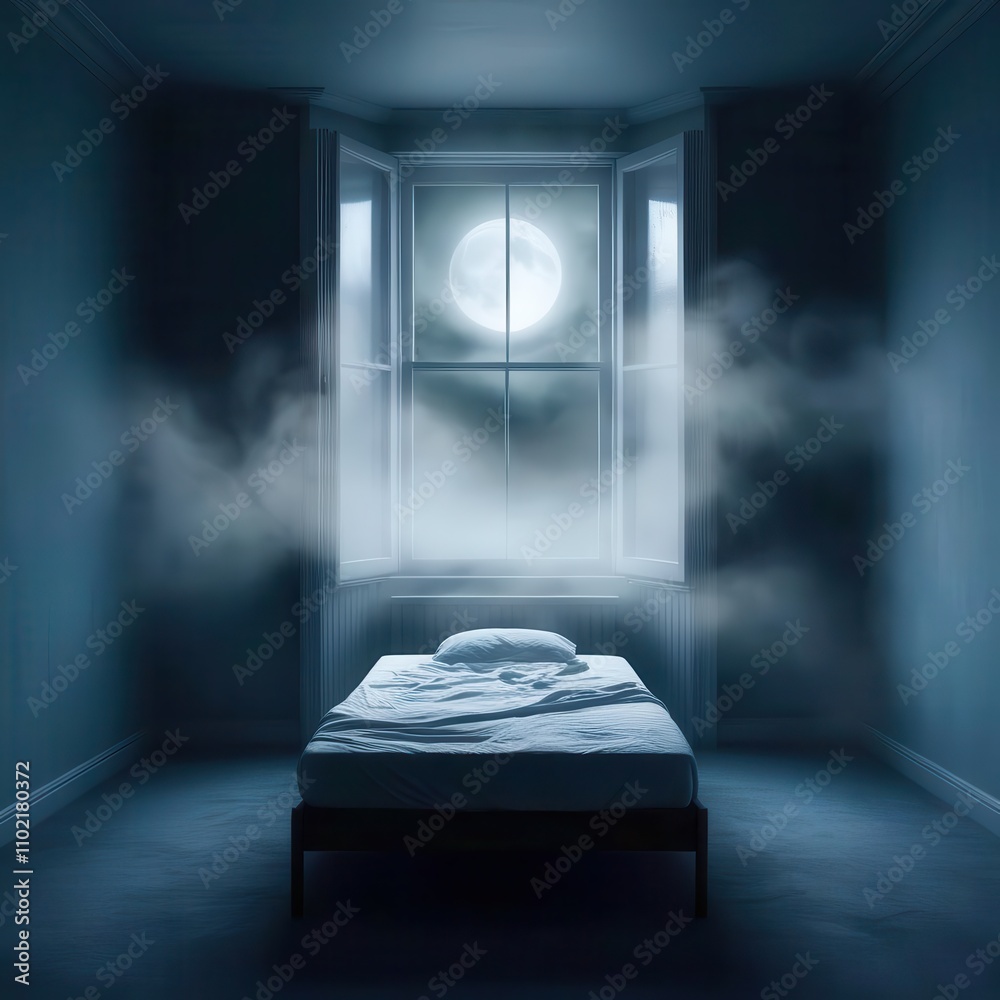 Poster bed with a pillow and a moon in the window
