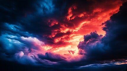 Obraz premium Dramatic twilight sky with red and blue storm clouds at sunset : Generative AI