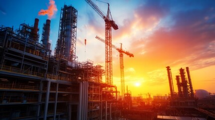 Industrial Landscape at Sunset with Cranes and Factories