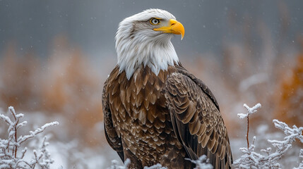 Obraz premium A bald eagle brown and white sits in a snowy landscape