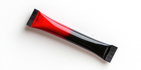 Red and black candy bar is sitting on a white surface