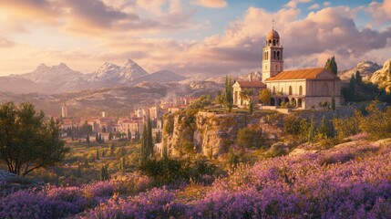 Naklejka premium Majestic Mountain Town Nestled in a Vibrant Floral Landscape