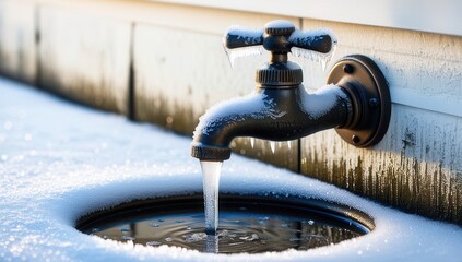 Obraz premium Frozen pipe leaking outside the house