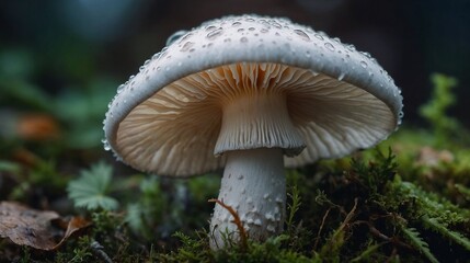 Fototapeta premium Close-up of a fresh mushroom with droplets on the cap surrounded by lush greenery in a natural forest setting
