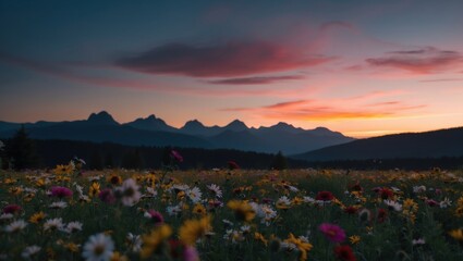 Colorful wildflower field under a vibrant sunset with mountains in the background