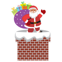 Cute and smiling Santa Claus beside chimney with gift boxes and waving hands.