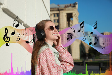 Smiling woman with headphones outdoors. Music notes and sound waves near her