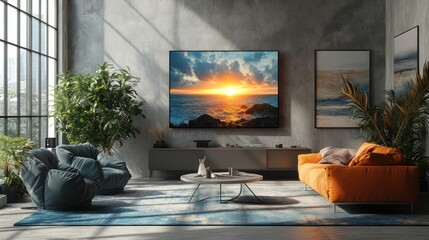 Modern Living Room with Ocean Sunset Artwork