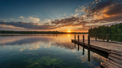Obraz premium Serene sunset over a tranquil lake with a wooden dock surrounded by lush greenery