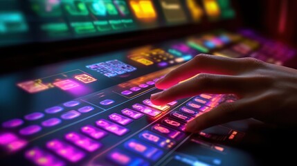 Obraz premium A hand reaches out and presses a button on a glowing, colorful control panel.
