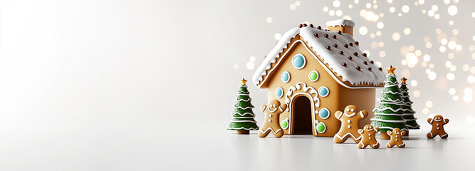 Festive gingerbread house with christmas trees and cookies