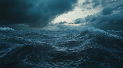 Stormy sea with turbulent waves under a darkening sky at dusk