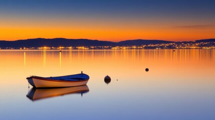 Fototapeta premium Serene Lakeside Sunset with Tranquil Boat
