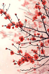 A close-up view of vibrant red cherry blossoms on a delicate branch, set against a soft, dreamy background with bokeh effects, creating a serene and elegant atmosphere.