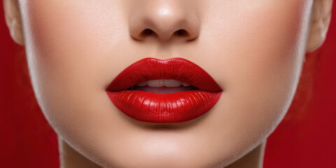 Fototapeta premium Red lips banner background with beautiful female lips macro view with lipstick and gloss makeup and red color backdrop with copy space