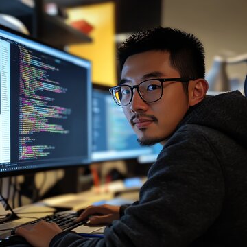 A programmer is working with coding software.