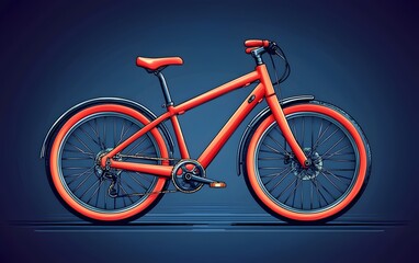Fototapeta premium A vibrant orange bicycle stands against a deep blue background, showcasing a sleek design with modern features. Its bold color adds a playful touch to the artistic composition.