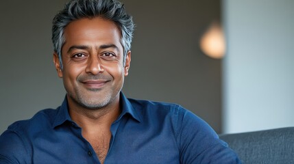 Smiling middle-aged Indian man relaxing at home in casual attire with a welcoming expression