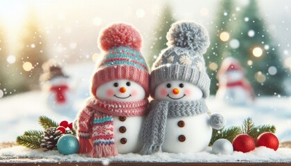 Two little lovely snowman in knitted skandi hat and scarfs standing in winter landscape. Merry Christmas and happy New Year greeting card
