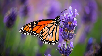 Fototapeta premium A sharp, high-detail macro shot of a monarch butterfly perched on lavender