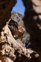 Gran Canaria, landscape of the central part of the island, rock formation variously called Perro del Bentayga, Dog of Bentayga, Guardian del Bentayga, Guardian of Bentayga, etc