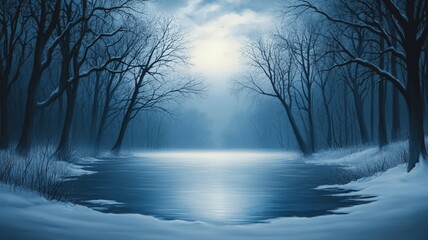 Tranquil winter scene frozen lake surrounded by snow-covered trees nature photography serene environment atmospheric view