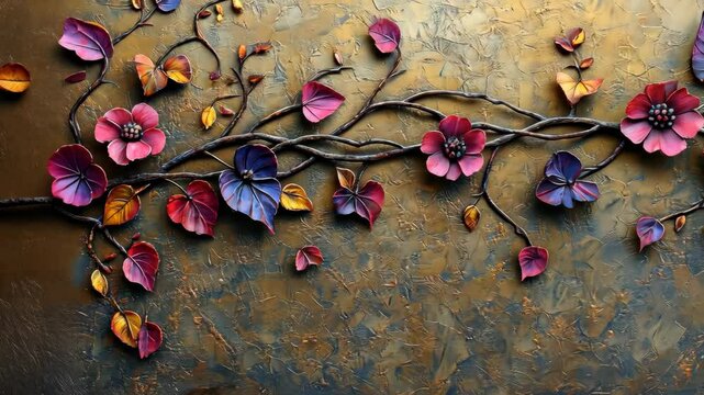 Colorful floral wall art featuring textured leaves and blossoms in warm tones crafted with intricate details