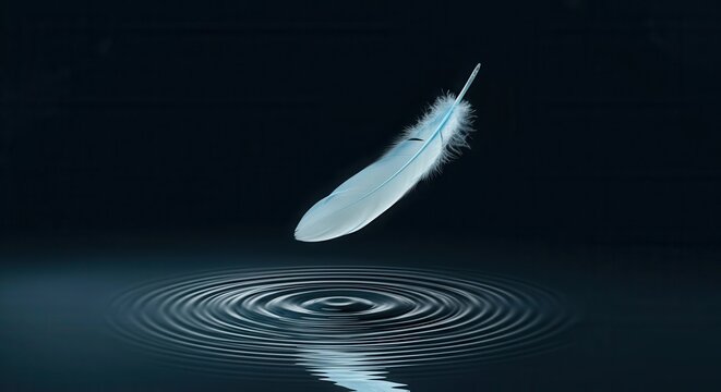Serene floating white feather on tranquil dark water