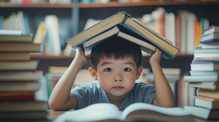 young Asian boy sits cluttered desk joyfully holding book his head like roof while surrounded piles books immersed his homework.