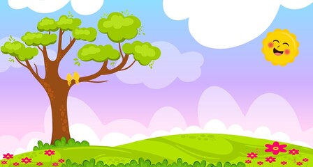Naklejka premium Vector cartoon design of a beautiful green Landscape with trees and hills summer landscape Valley in Summer day.Scenery with sunlight on cloudy sky Illustration.