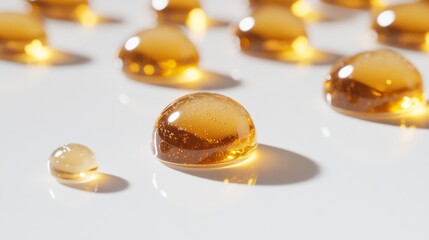 Close-Up of Glimmering Amber Droplets on a White Surface