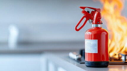 Naklejka premium Firefighter combats kitchen blaze with extinguisher in modern home setting