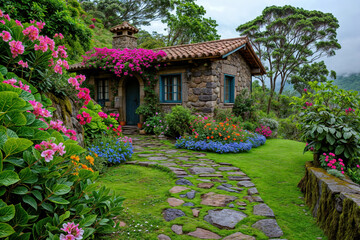 Charming Stone Cottage with Colorful Garden, Featuring Pink Bougainvillea, Blue Forget-me-nots, and Stone Pathway Leading to Blue Door, Mediterranean Style Architecture