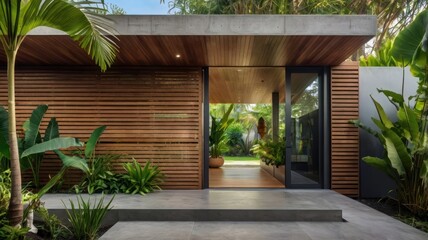 Fototapeta premium Modern tropical house entrance with wooden wall, glass doors, and lush landscaping.