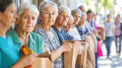 Elderly Senior Women and Man in Community Gathering at Local Food Bank. Generative ai