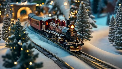 Steam locomotive travels through a winter wonderland scene filled with snow and festive lights at night