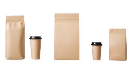 Different sizes of brown paper bags and cups mock up displayed on transparent background