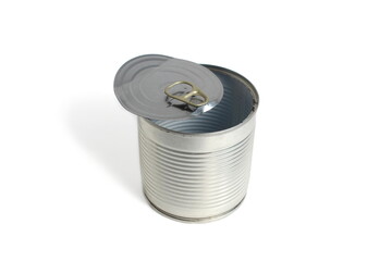 An empty aluminum can is on a white background.