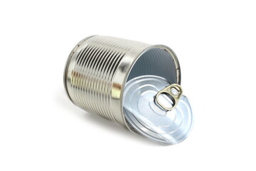 An empty aluminum can is on a white background.	