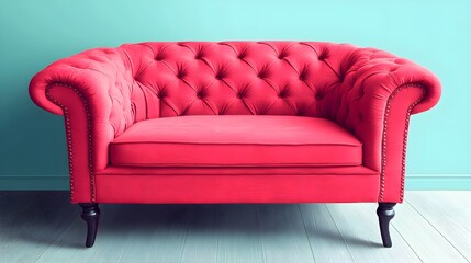 Elegant action of styling a cozy space with a vibrant red couch modern living room furniture showcase bright environment eye-level viewpoint