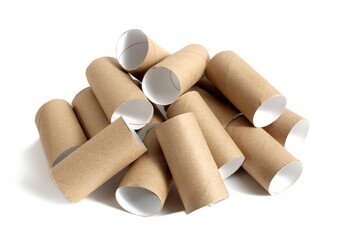 A cardboard toilet paper roll lies on a white background.