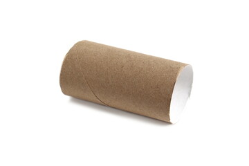 A cardboard toilet paper roll lies on a white background.