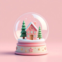 Pink Winter Cottage in Snow Globe with Festive Christmas Trees