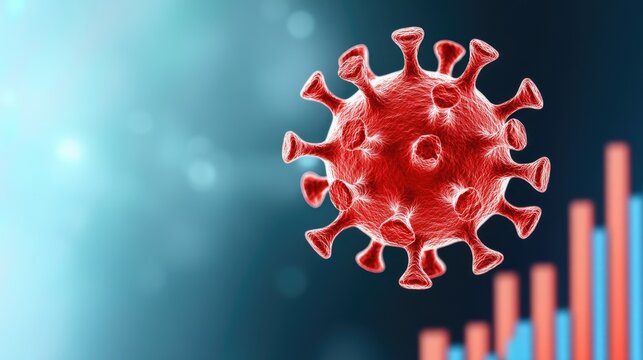 Red virus symbolizing health crisis impacts on global stock markets and economy amid rising infection rates