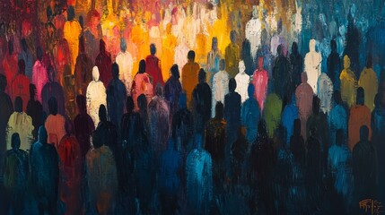 many people walking together on bustling street, 
 multicultural people and diversity concept, oil painting abstract impressionism design artful illustration