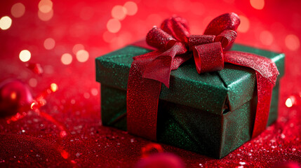 Obraz premium Holiday gift box with red ribbon on festive background