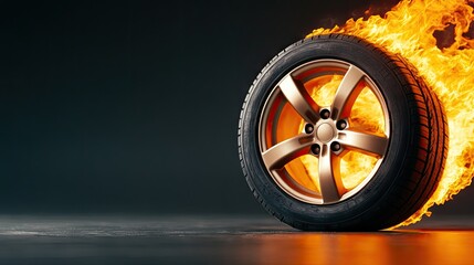 Flaming car tire with intense flames illuminating the rim on a contrasting black background
