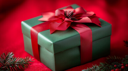 Obraz premium Festive green gift box with red ribbon and bow on a red background during the holiday season
