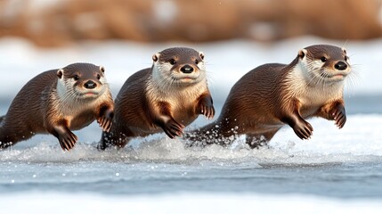 Fototapeta premium Otters gracefully jumping over ice on a wintry river, showcasing their playful spirit and agility in the cold climate